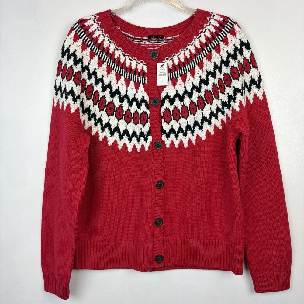 Talbots Fair Isle Cardigan Sweater Womens Large Red Button Holiday New